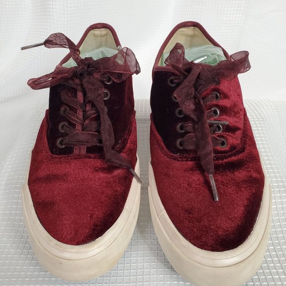 J.Crew SeaVees Womens Sz 8.5 Sneakers Legend Burgundy Velvet Sheer Ribbon Laces - Picture 3 of 9